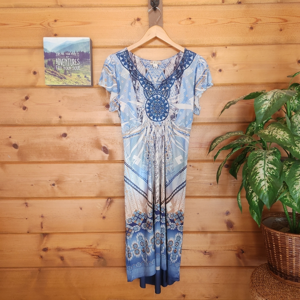 World Unity 💜 Dress Stretch Aztec Boho Embroider Pleat Geo Studded Sublimation‎